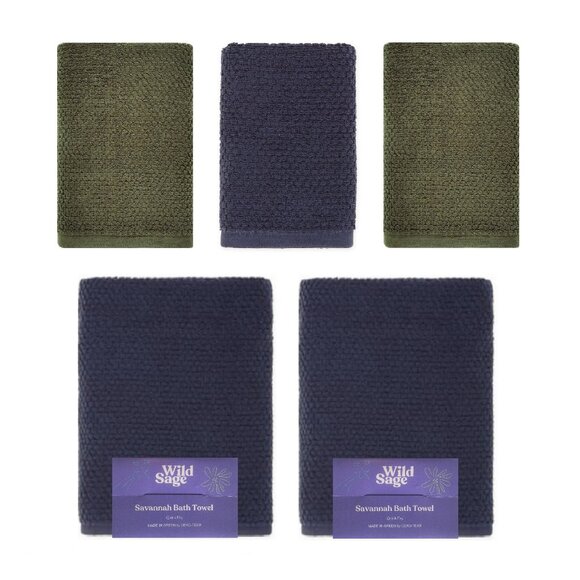 2 BATH + 3 HAND Wild Sage Savannah Quick Dry Towels in BIJOU BLUE + DARK GREEN - Picture 1 of 11